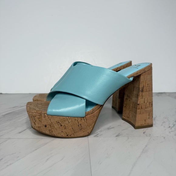Marc Fisher Farlow Blue Leather Square Toe Cork Platform Heeled Sandal 9M